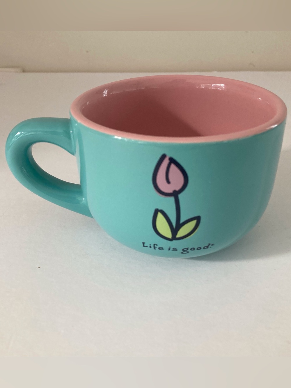 Life is Good 10 oz Ceramic Coffee Mug Blue/Pink Flower "Do what you love…”